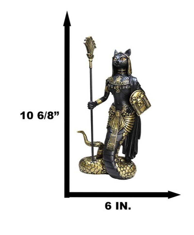 Ebros 11"H Egyptian Bastet Cat with Snake Holding Spear & Shield Statue 11"H