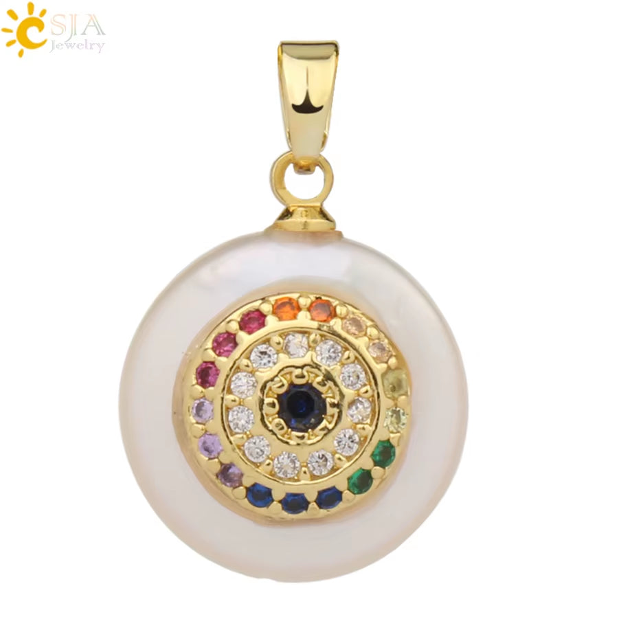 CSJA Coin Freshwater Pearl Pendants Small Size Evil Eye Hamsa Fatima Hand Zircon Gold Color Necklace Choker for Women Girls G205