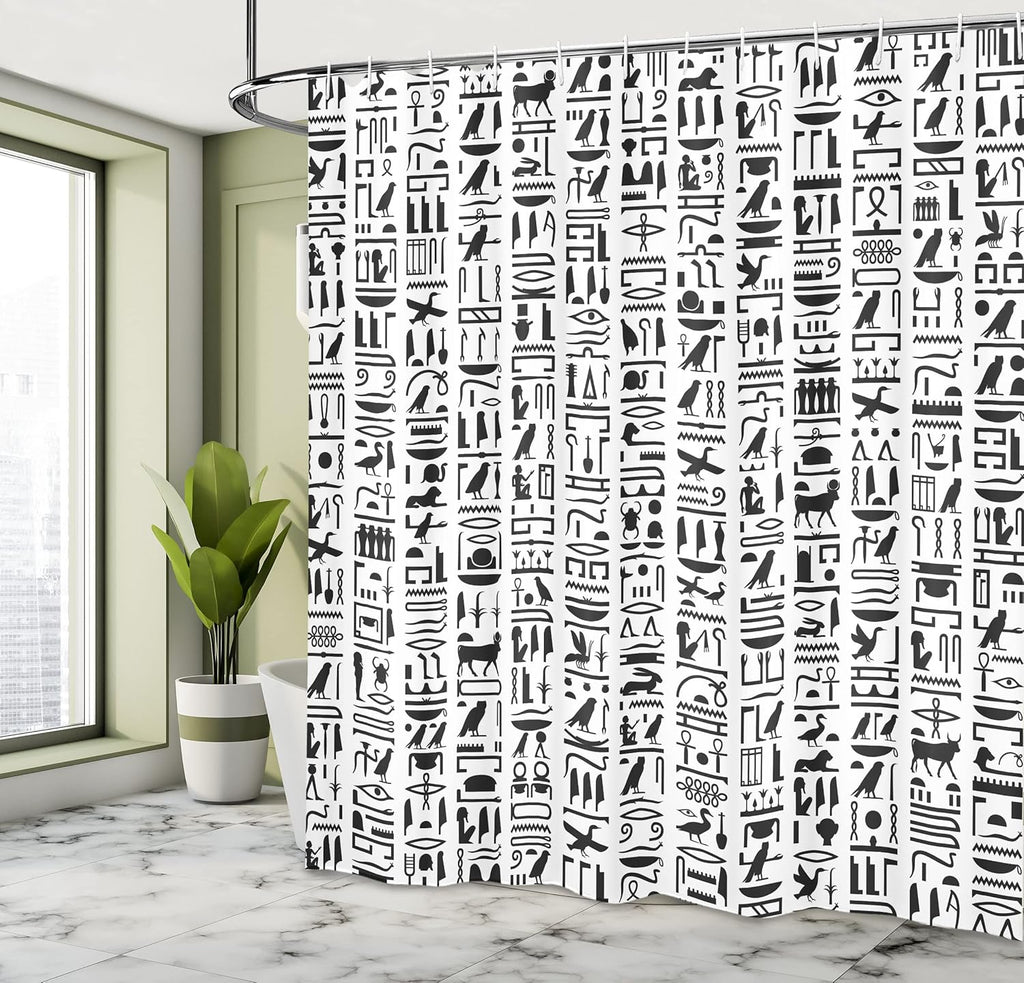 Egyptian Print Shower Curtain, Egyptian Hieroglyphic Writing Monochrome Composition Old Signs, Cloth Fabric Bathroom Decor Set with Hooks, 69" W X 75" L, Charcoal and White