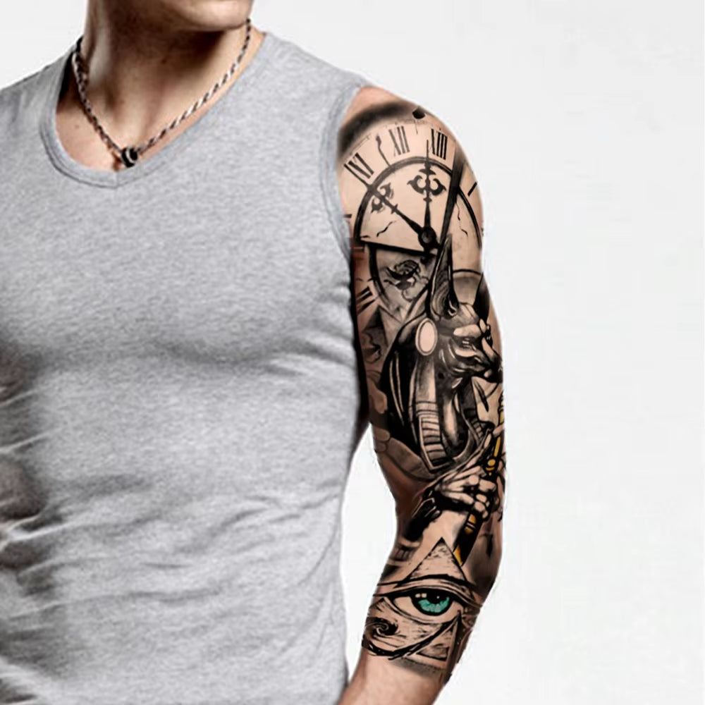 Large Full Arm Sleeve Waterproof Temporary Tattoo Sticker Anubis Ancient Egypt Greece Zeus Eye Fake Tatoo Body Art Men Women Leg