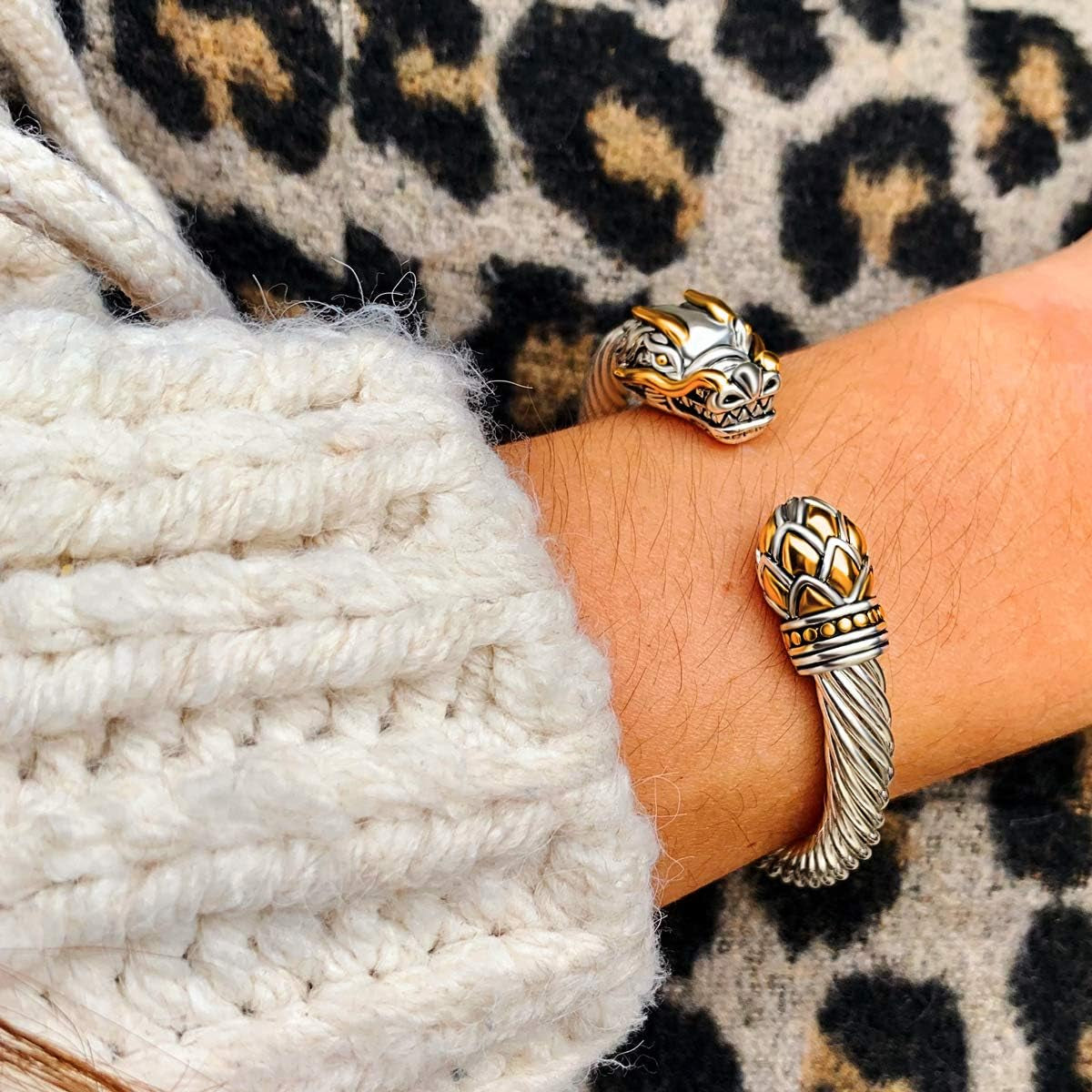 Jewelry Chinese Dragon Scale Ball, Dragon Cuff Bangle, Spring Open Two Tone Twisted Cable Vintage Cuff Bangle