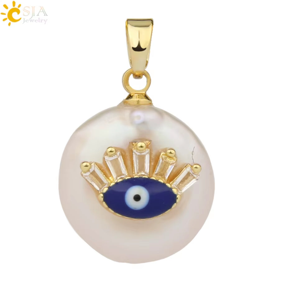 CSJA Coin Freshwater Pearl Pendants Small Size Evil Eye Hamsa Fatima Hand Zircon Gold Color Necklace Choker for Women Girls G205