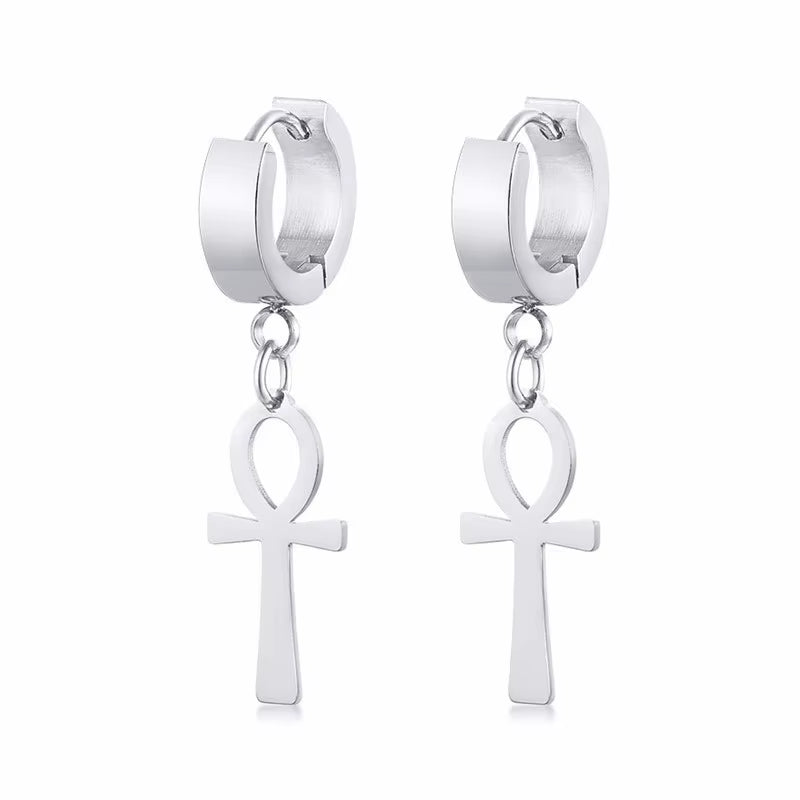 ANKH HUGGIE EARRINGS STAINLESS STEEL EGYPTIAN CROSS DROP EARING for MEN WOMEN EGYPT JEWELRY