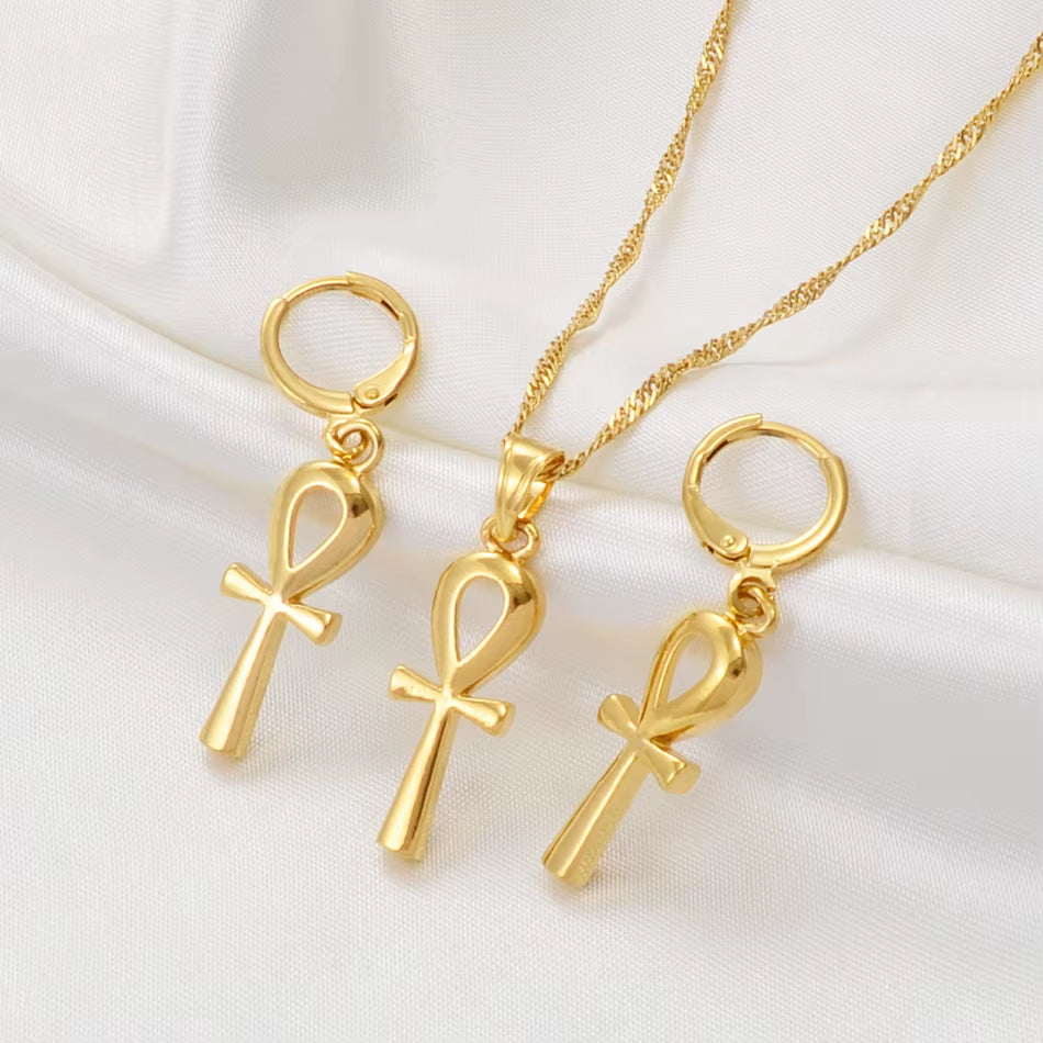 Egyptian Ankh Cross Pendant Necklaces Earrings Jewelry Sets for Women Egypt Hieroglyphs,Crux Ansata #054902