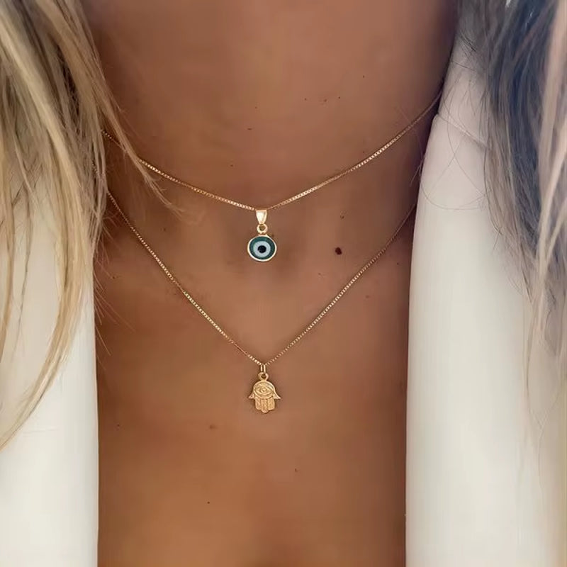 Boho Lucky Multi-Layers Crystal Evil Eye Pendant Necklace for Women Geometric round Charm Clavicle Chain Beach Jewelry