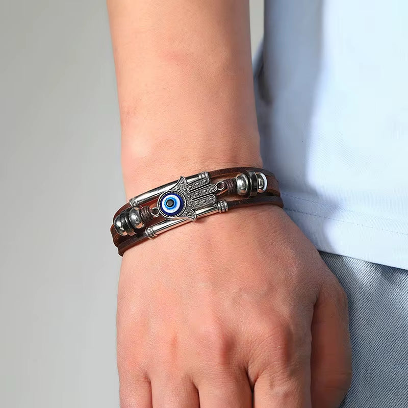 Evil Eye Fatima Hand Charm Bracelets for Women Men Genuine Leather Bracelet Turkish Blue Eye Wristband Lucky Hand Jewelry Gifts