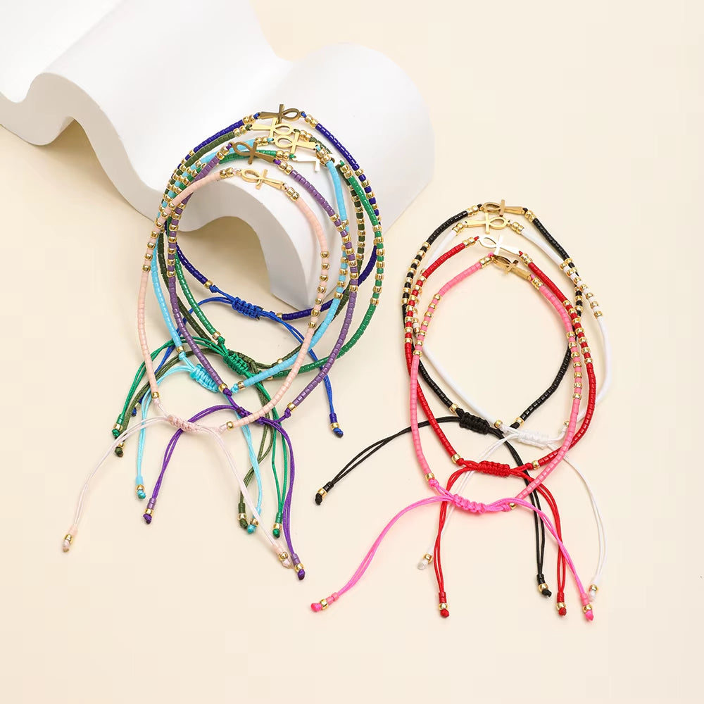 Cute Miyuki Beads Glass Amulet Charm Egyptian Ankh Crucifix Bracelet Symbol of Life Cross Bracelet Jewelry Wholesale