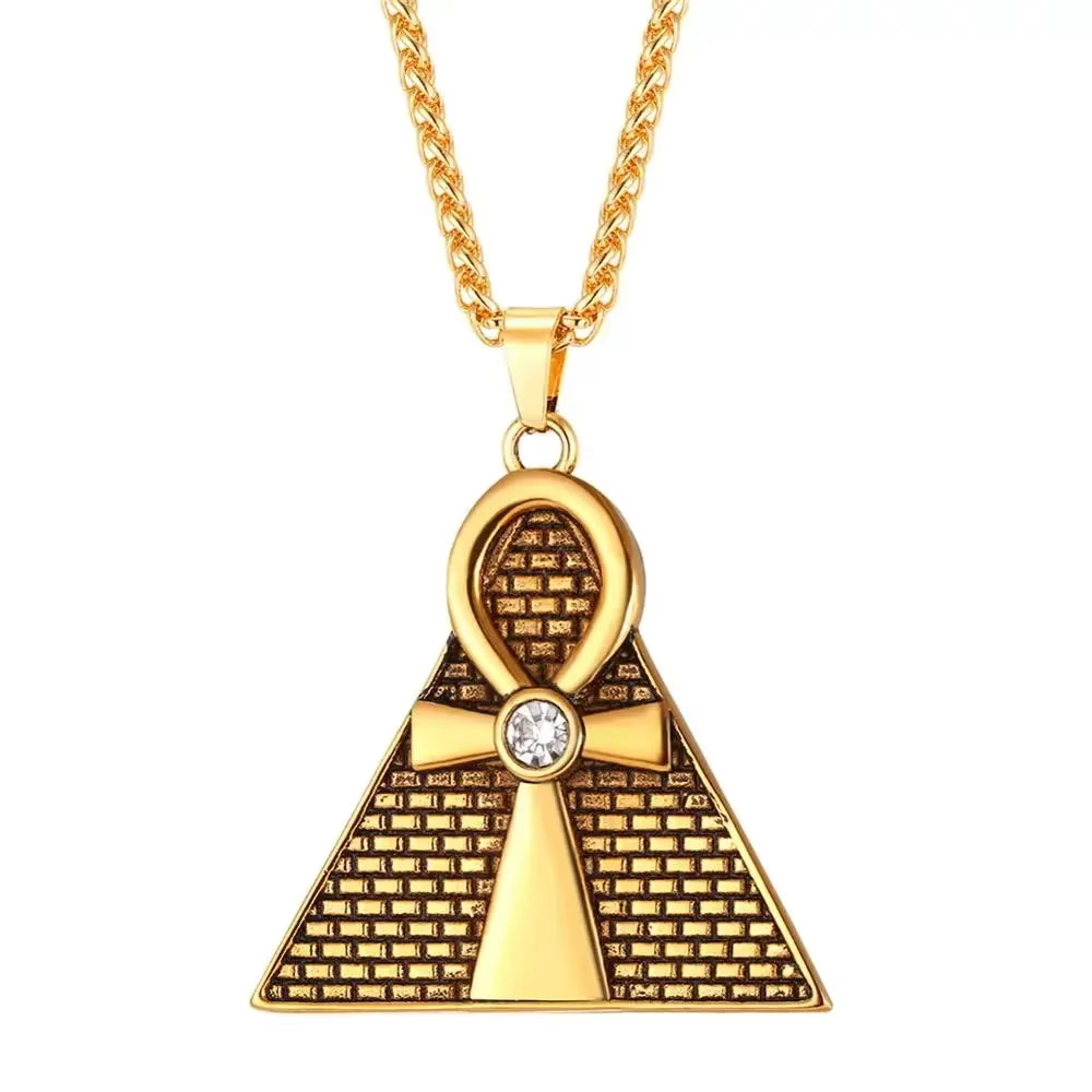 Ancient Egyptian Symbol Necklaces Stainless Steel Eagle Triangle Pyramid Ankh Cross Bastet Anubis Pharaoh Pendant Jewelry