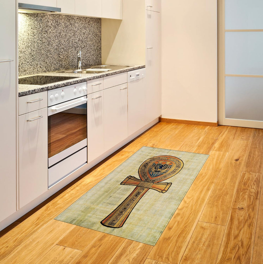 Egyptian Print Area Rug, Papyrus Presenting the Key of Life Traditional Empire Egyptian, Flat Woven Accent Rug for Living Room Bedroom Dining Room, 2' 6" X 5', Cream Orange