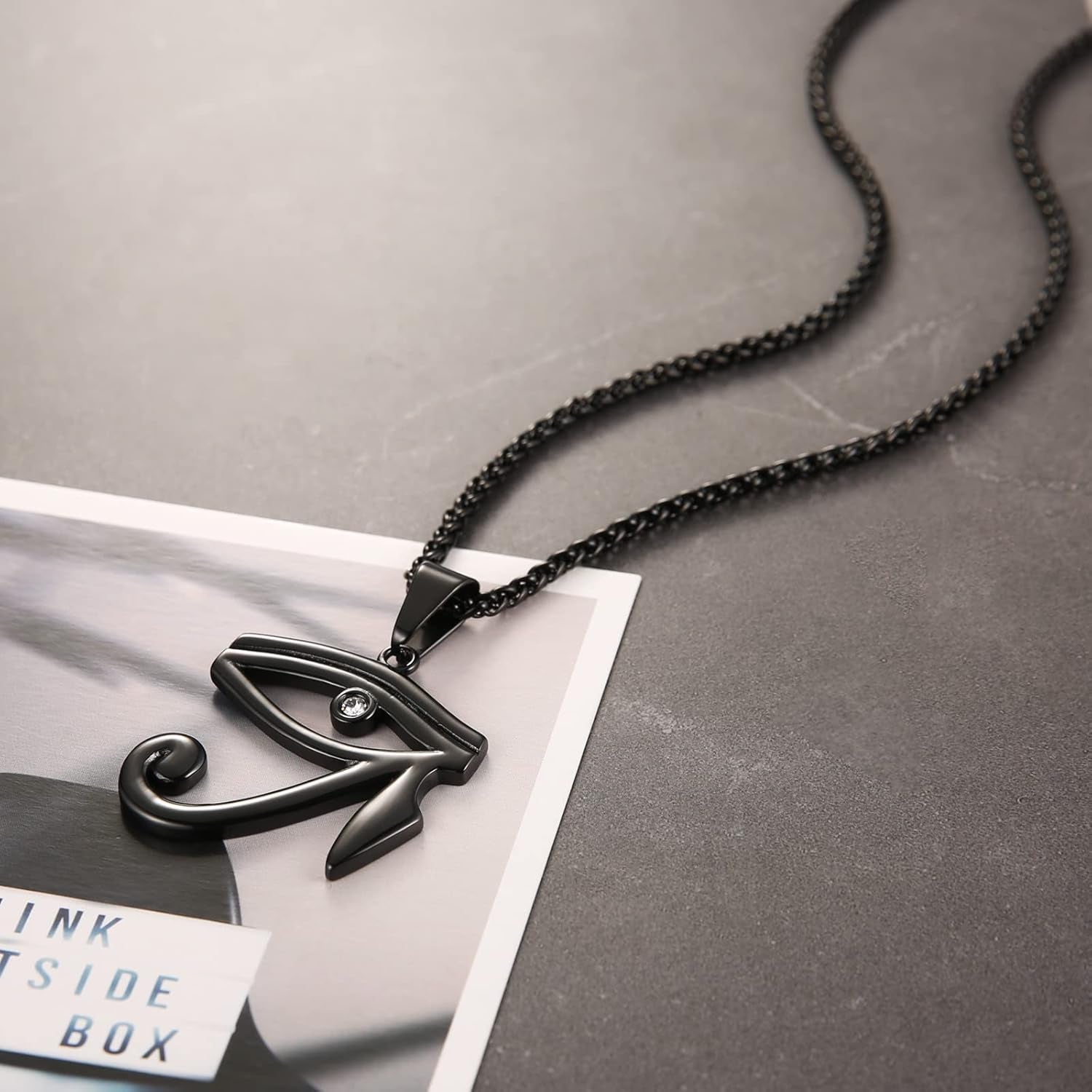 CZ Eye of Horus Egypt Protection Pendant on Stainless Steel Necklace Ancient Egyptian Symbol of Protection