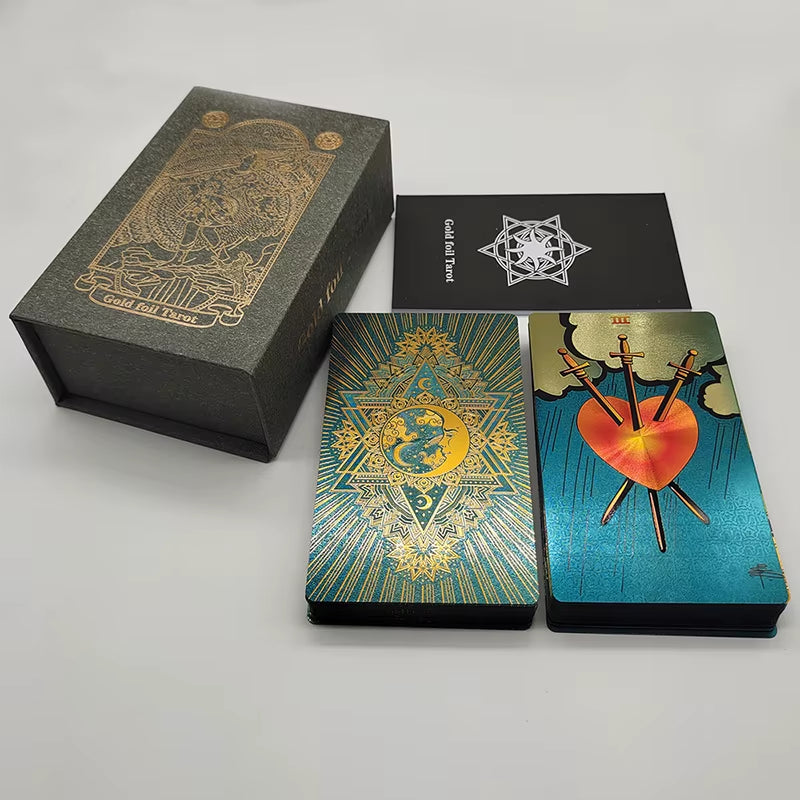 New Gold Tarot Cards Beautiful Waterproof Deck Mystery Board Game Colorful Divination Oracle with Gift Box