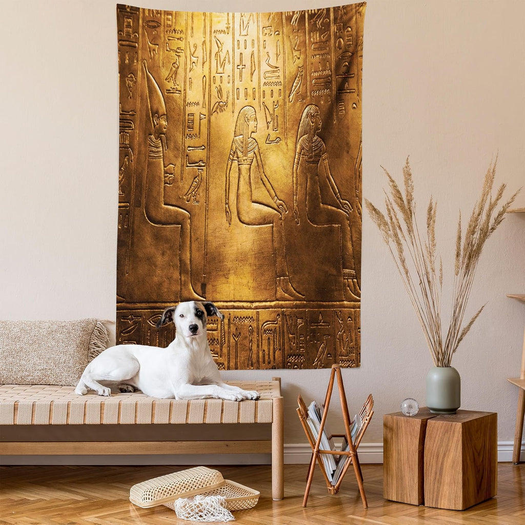 Egyptian Print Tapestry Twin Size, Egypt Hieroglyphics Old Logographic Details Alphabetic Elements, Wall Hanging Bedspread Bed Cover Wall Decor, Twin Size, Coffee Brown