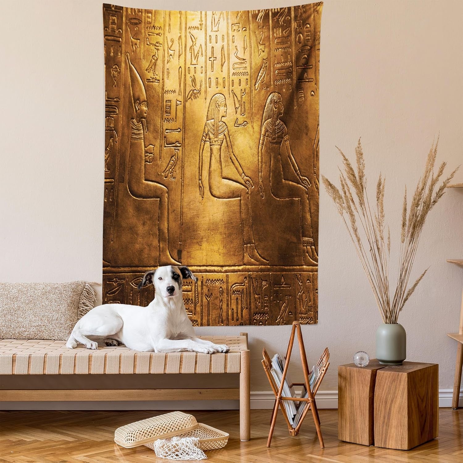 Egyptian Print Tapestry Twin Size, Egypt Hieroglyphics Old Logographic Details Alphabetic Elements, Wall Hanging Bedspread Bed Cover Wall Decor, Twin Size, Coffee Brown