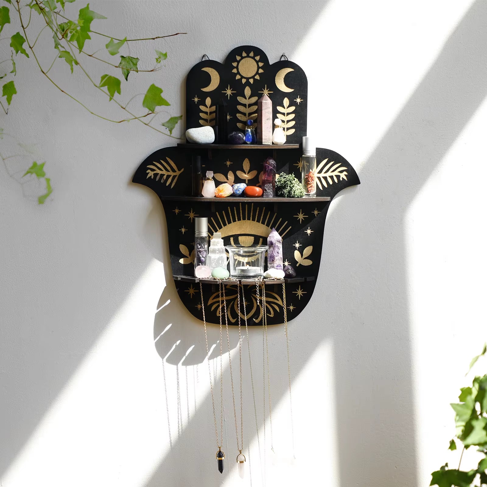 Crystal Wall Shelf Evil Eye Multilayer Crystal Display Stand Hanging Wall Decor Shelves Stone Holder Boho Home Decoration Gift