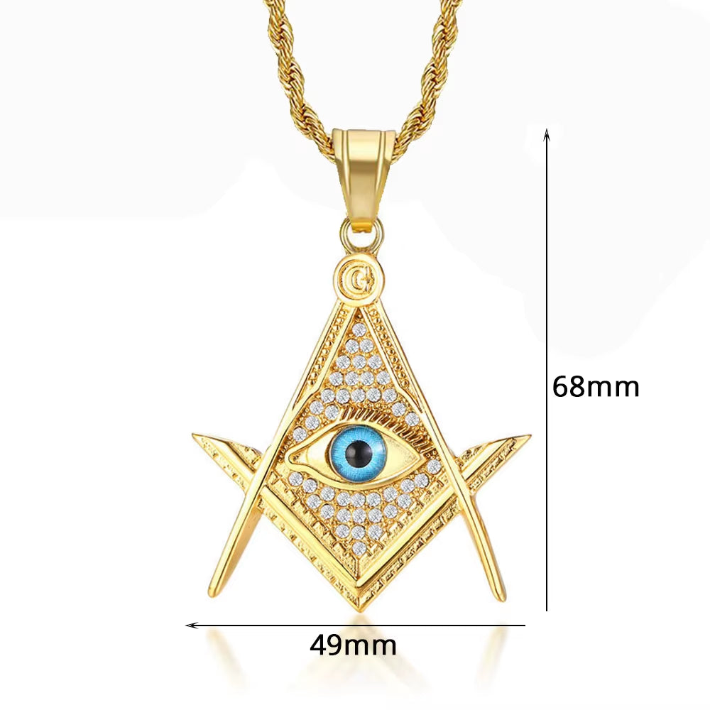 Drop Shipping Hip Hop Iced Out Masonic All-Seeing Eye Pendant Necklace Chain Gold Color Stainless Steel Freemason Mason Jewelry