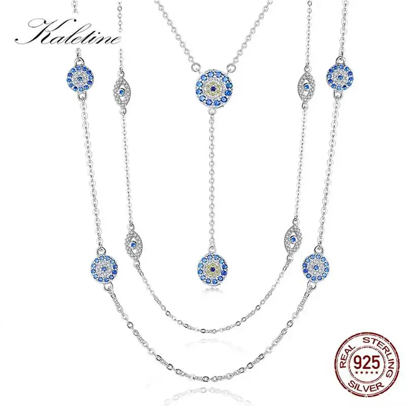 925 Sterling Silver Necklace Earrings Women round Luck Evil Eye Ring Necklaces Blue Zircon Long Link Turkey Jewelry Set