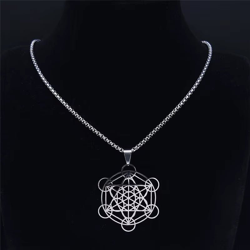 Flower of Life Chakra Spiritual Necklace for Women Stainless Steel Sacred Geometry Metatron Cube Salomon Men Collar Jewelry