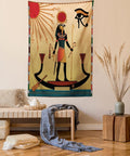 Egyptian Print Tapestry Queen Size, Sun Old Egyptian Timeless Grace Antique Tradition Illustration, Wall Hanging Bedspread Bed Cover Wall Decor, 88" X 88", Cream Red