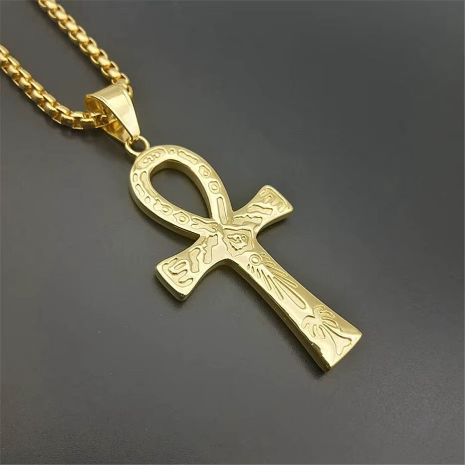 Mystical Egyptian Ankh Cross Pendant Necklace for Men Gold Color Stainless Steel Egypt Hieroglyphs Charms Jewelry