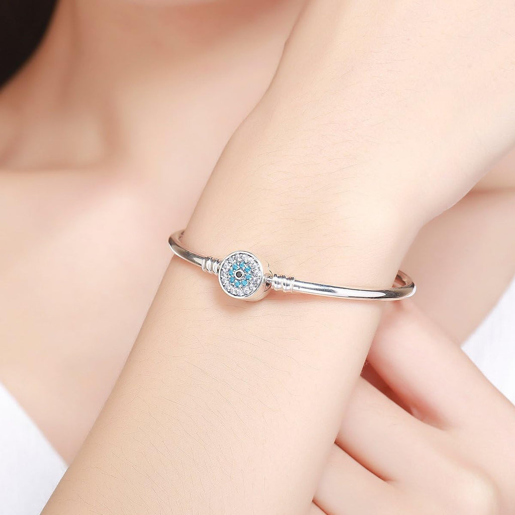 Evil Eye Bracelet Sterling Silver Clasp Charm Bangle Bracelet for Bead Charms with Sapphire Gemstones Evil Eye Clip Lock Stopper(17/19Cm/ 21Cm)
