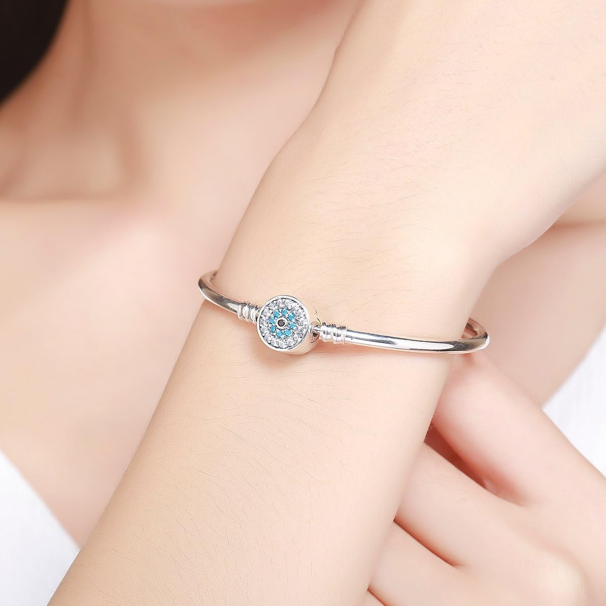 Evil Eye Bracelet Sterling Silver Clasp Charm Bangle Bracelet for Bead Charms with Sapphire Gemstones Evil Eye Clip Lock Stopper(17/19Cm/ 21Cm)