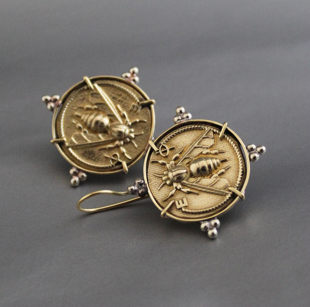 Honeybee Coin Earrings: Brass Ancient Roman Style Jewelry