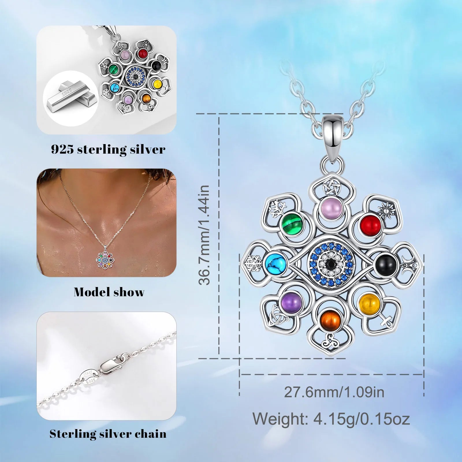 925 Sterling Silver Lotus Evil Eye Necklace Colourful Pentagram Hecate Flower Pendant Personality Jewelry for Women Man
