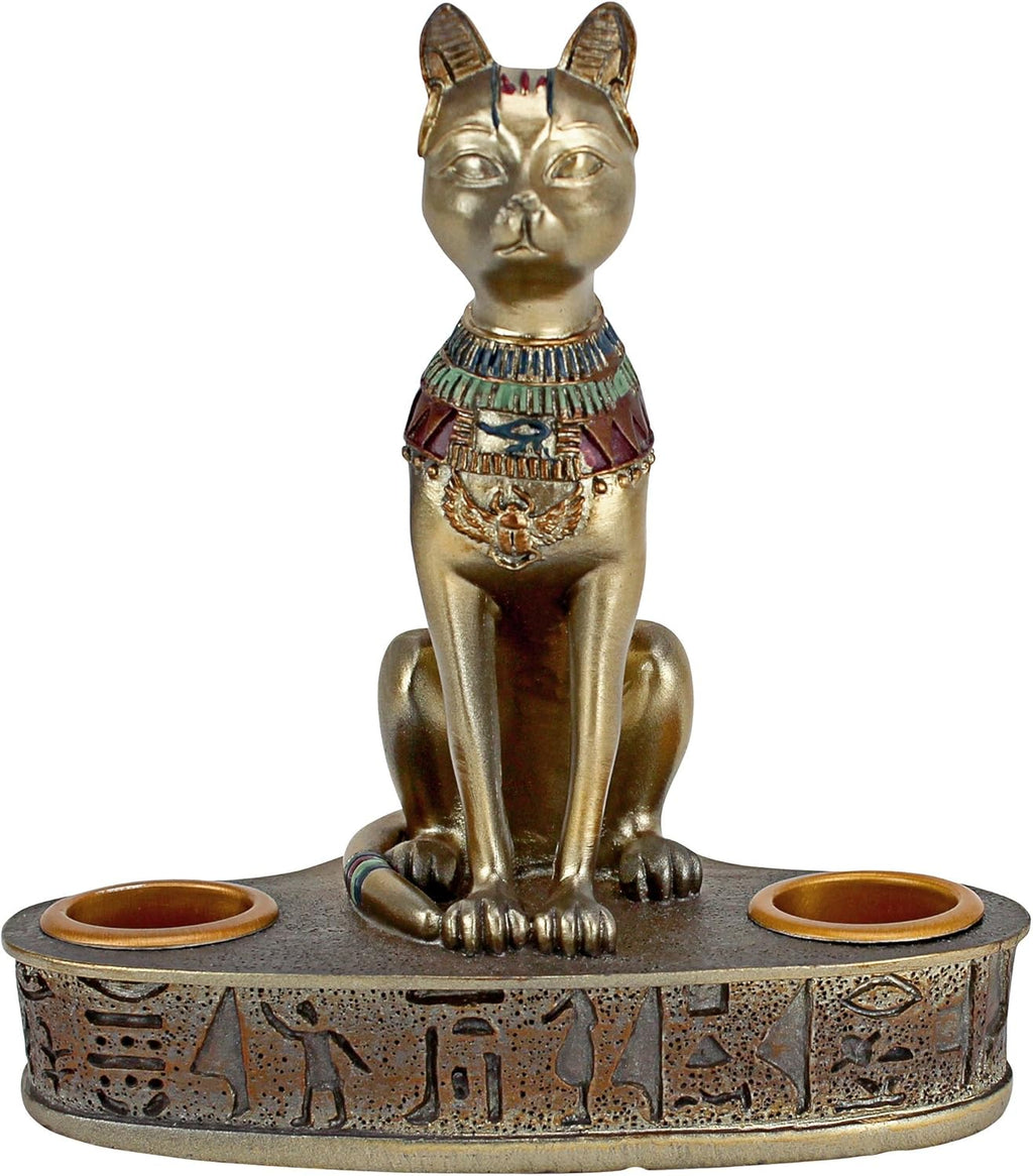 Altar of the Cat Diety Bastet Egyptian Candle Holder, 4 Inches Wide, 5 Inches Tall, Cast Stone Resin, Bronze Finish