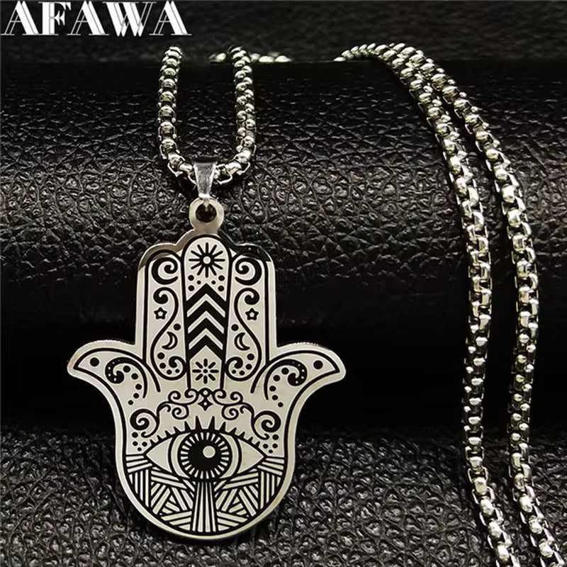 Hamsa Hand of Fatima Stainless Steel Necklaces Men Fatima´S Hand Turkish Eye Necklaces Pendants Jewelry Collier Homme N933S02