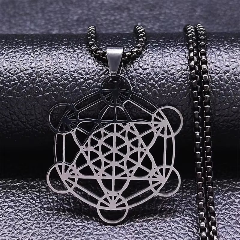 Flower of Life Chakra Spiritual Necklace for Women Stainless Steel Sacred Geometry Metatron Cube Salomon Men Collar Jewelry