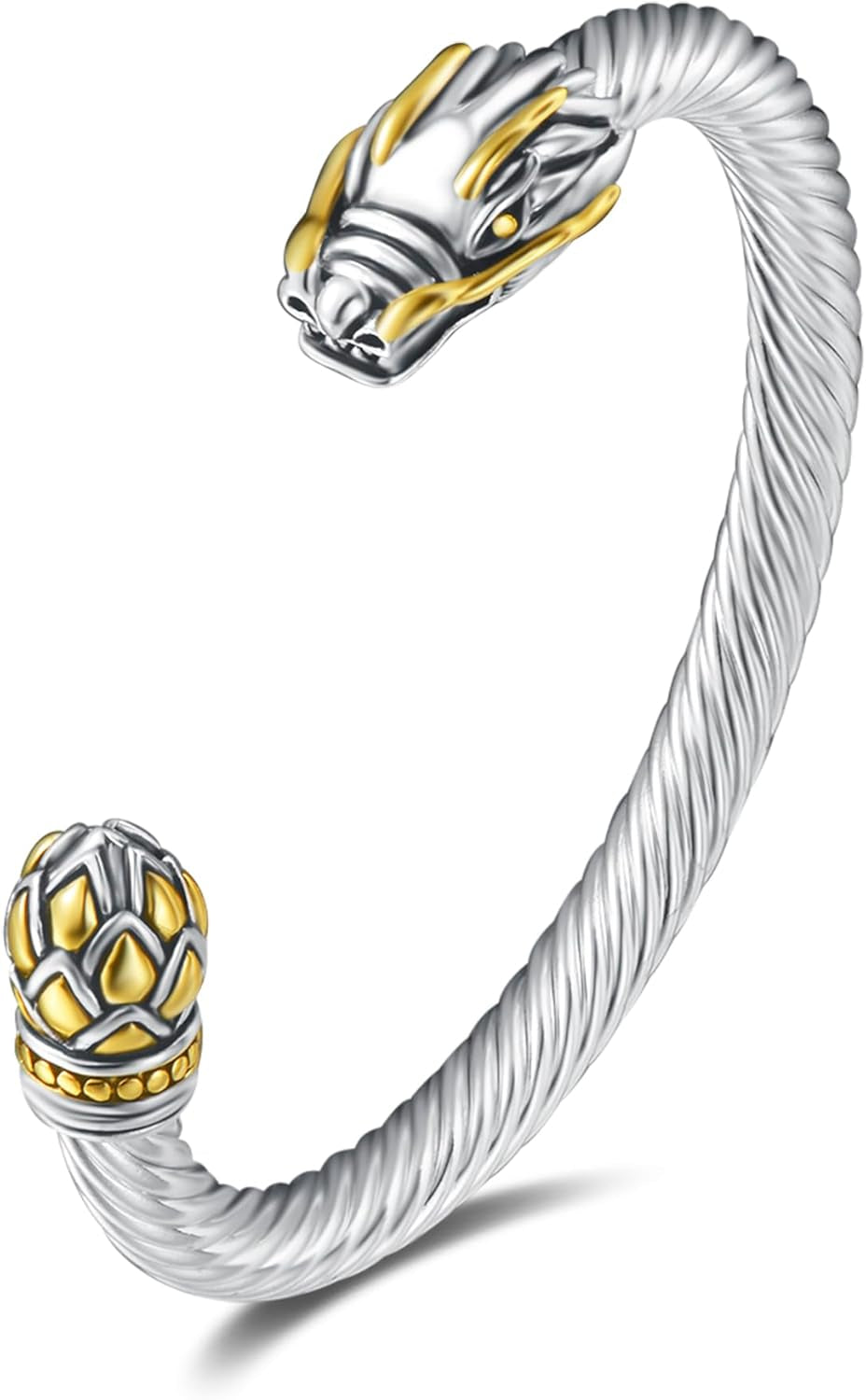 Jewelry Chinese Dragon Scale Ball, Dragon Cuff Bangle, Spring Open Two Tone Twisted Cable Vintage Cuff Bangle