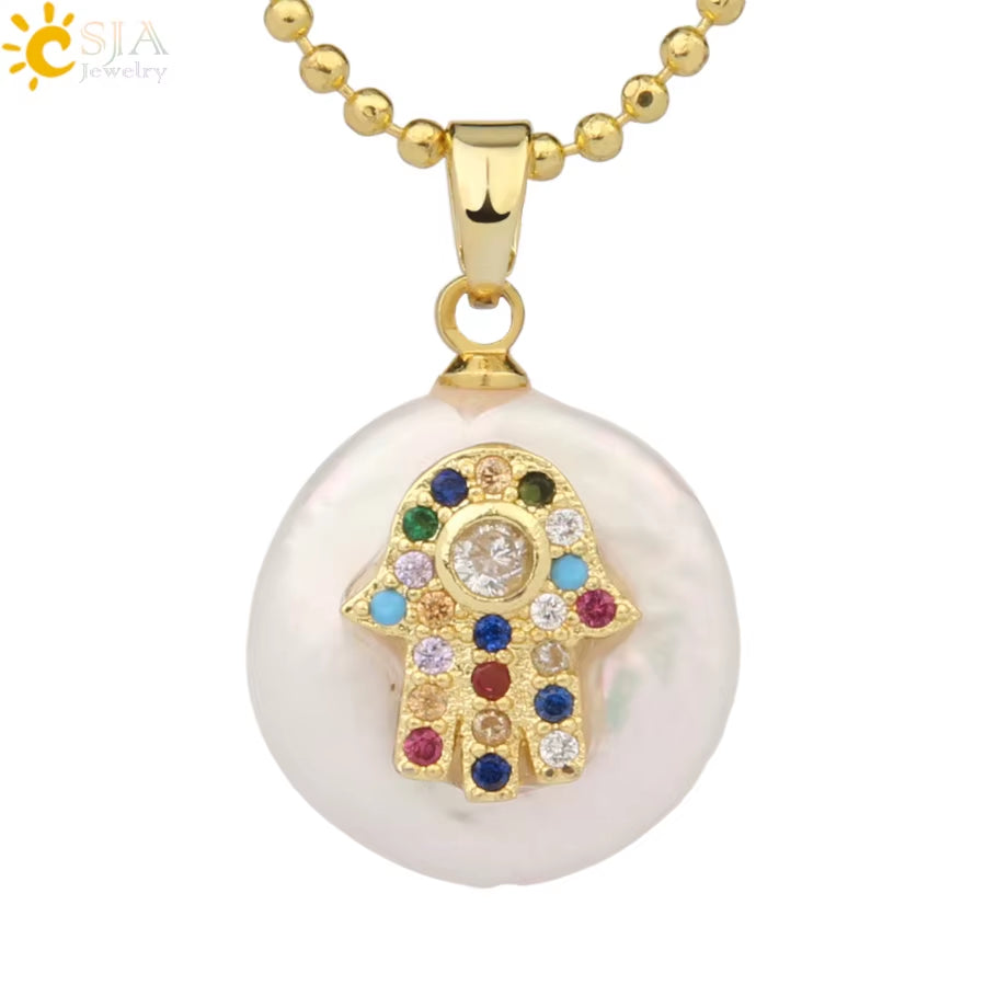 CSJA Coin Freshwater Pearl Pendants Small Size Evil Eye Hamsa Fatima Hand Zircon Gold Color Necklace Choker for Women Girls G205