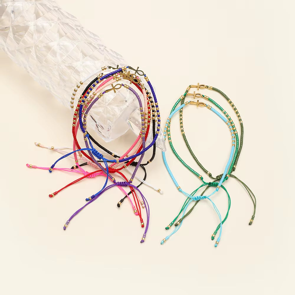 Cute Miyuki Beads Glass Amulet Charm Egyptian Ankh Crucifix Bracelet Symbol of Life Cross Bracelet Jewelry Wholesale