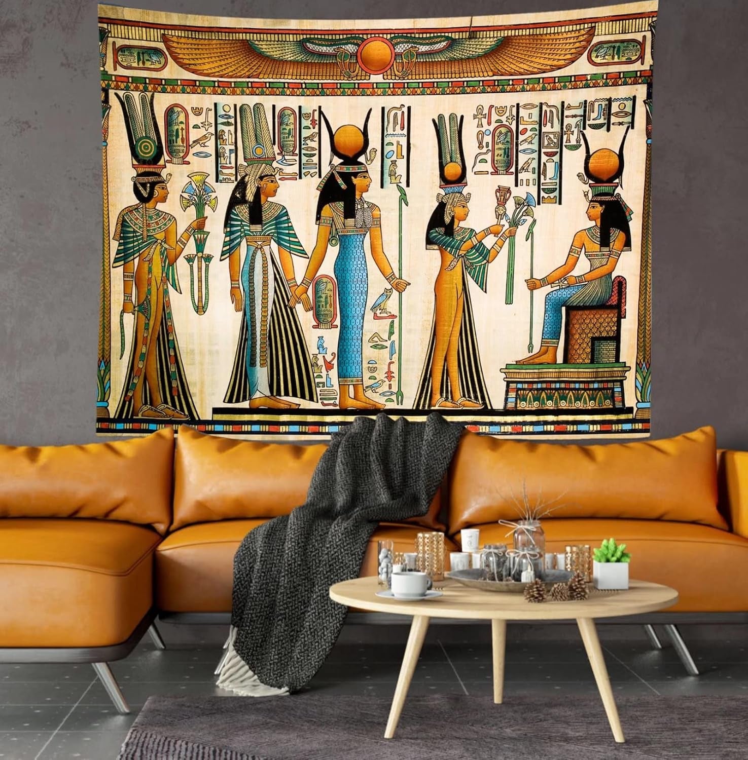 Egyptian Painting Tapestry 105Wx70H Inches Queen Nefertari Making an Offering to Isis Wall Tapestry Nefertalis Tomb Thebes Wall Hanging Mythology Egypt Mural for Bedroom Living Room Dorm Decor