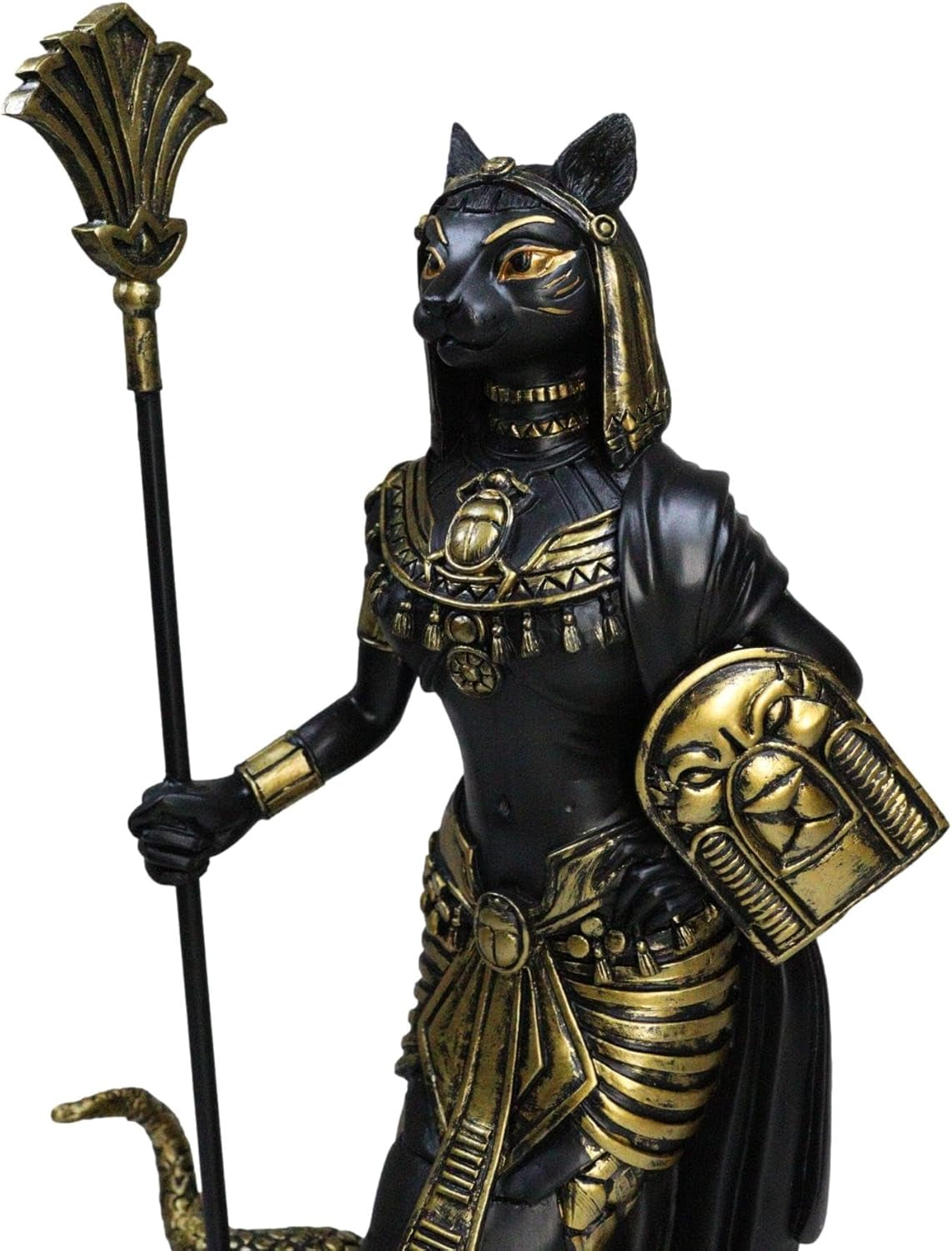 Ebros 11"H Egyptian Feline Goddess Bastet Cat with Slain Snake Apep Tail Holding Spear & Shield Statue 11"H Ubasti Bast Patron of Protection Health Home Harvest Gods of Egypt Figurine (Black and Gold)