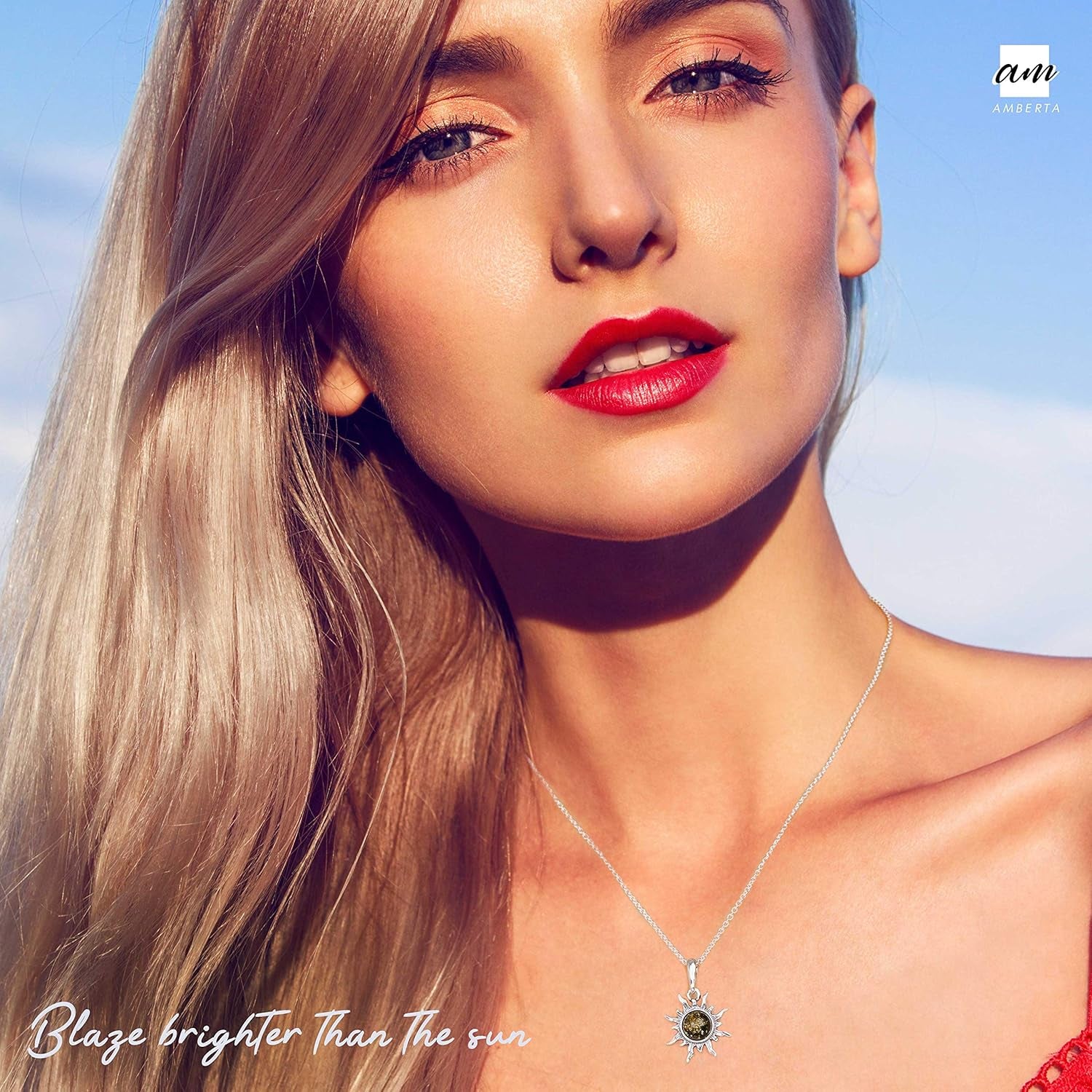 925 Sterling Silver with Genuine Baltic Amber - Sun Pendant for Women - Various Stone Colors