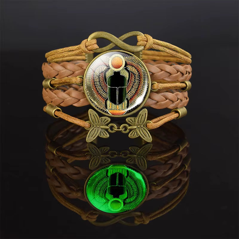 Ancient Egyptian Handmade Bracelet Ankh Luminous Glass Dome Rope Bracelets for Women Gift Egypt Cross Anubis Scarab Isis Goddess