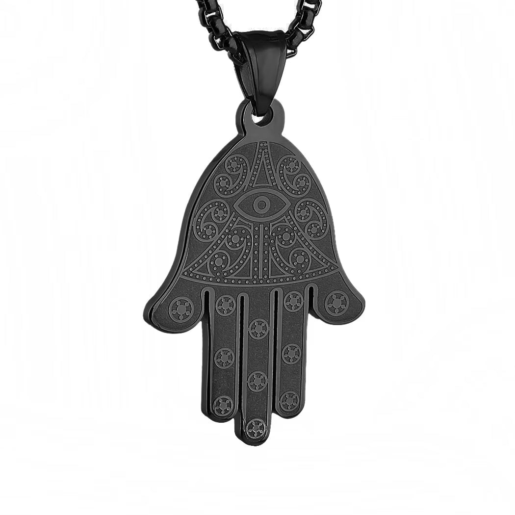 Stainless Steel Egyptian Eye Fatima Hamsa Hand Pendant Necklace Success and Protection Lucky (Black)