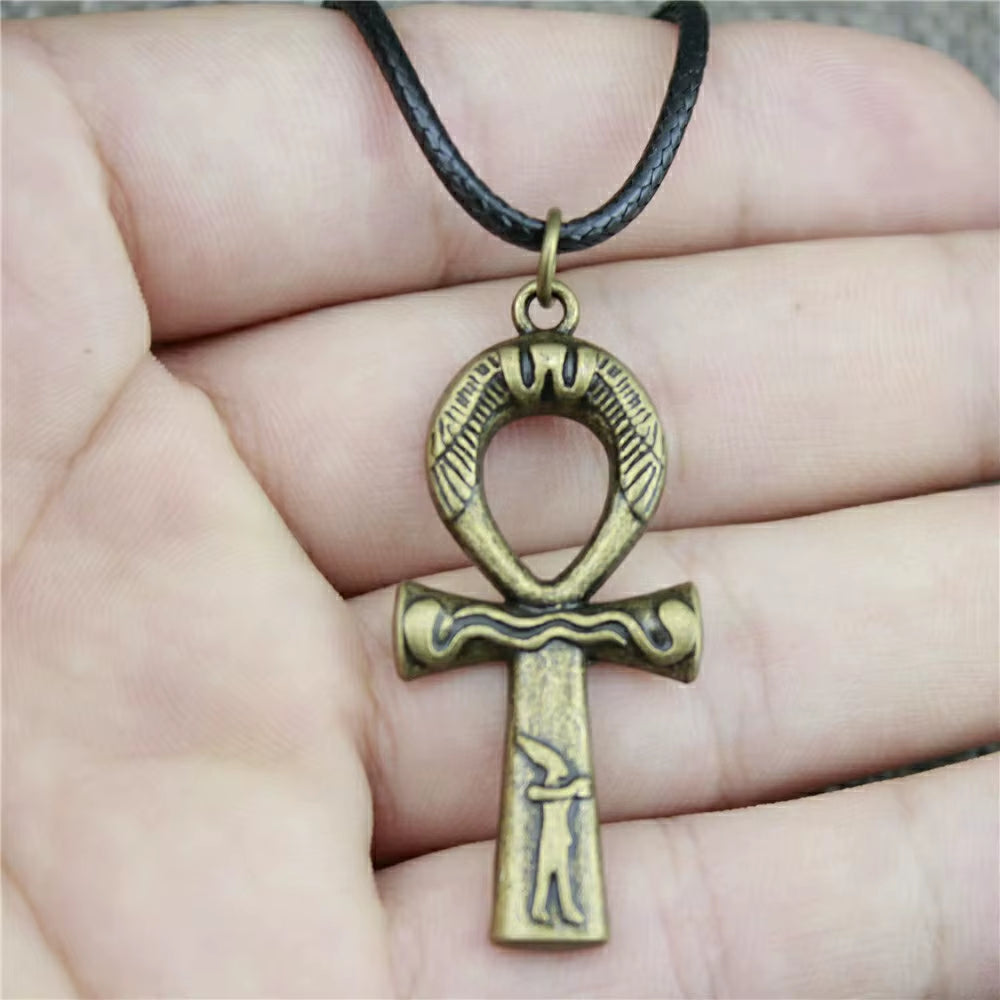 Egypt Ankh Cross Necklace Egypt Ankh Cross Wax Rope Chain Necklace Egypt Ankh Cross Pendant Black Leather Chain Necklace
