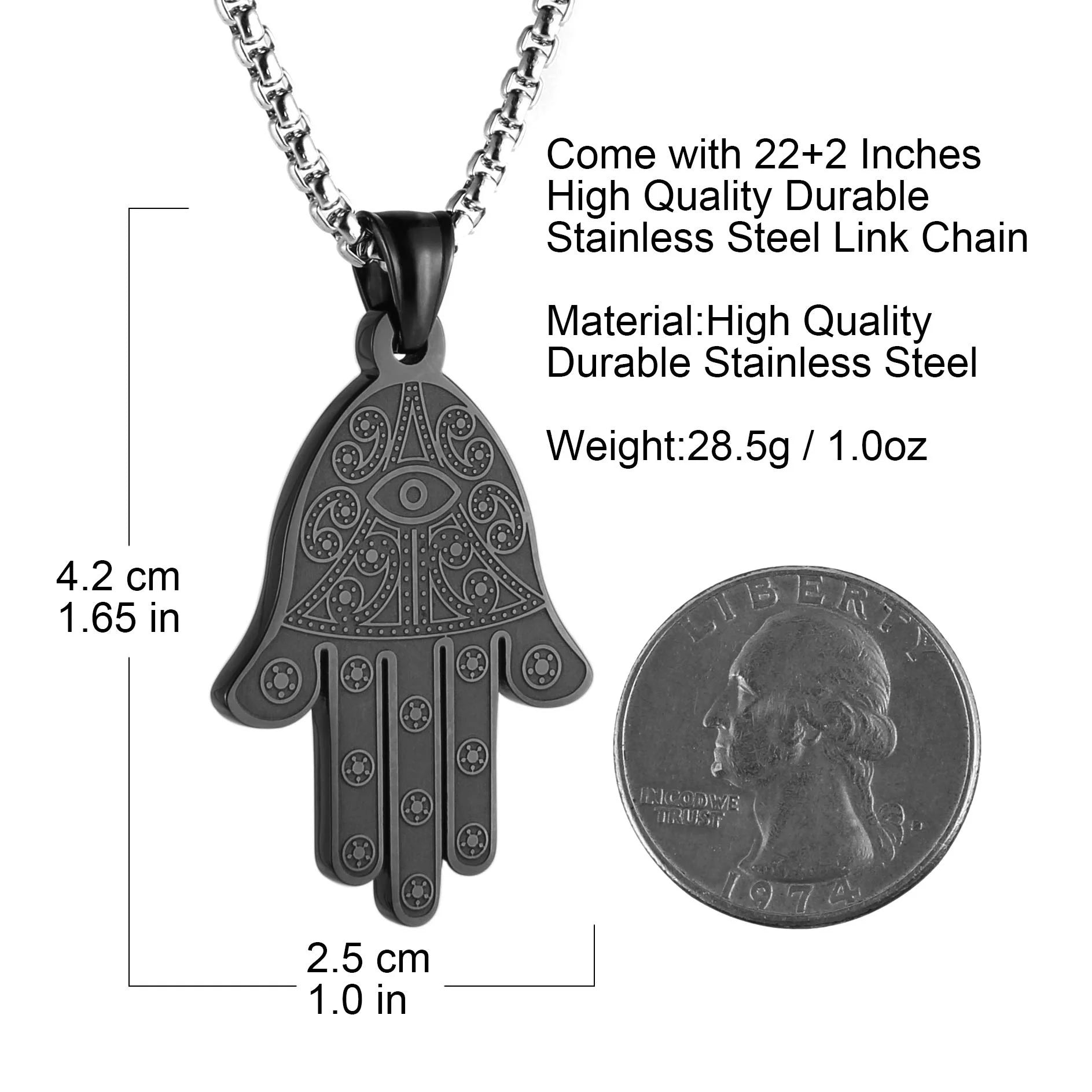 Stainless Steel Egyptian Eye Fatima Hamsa Hand Pendant Necklace Success and Protection Lucky (Black)