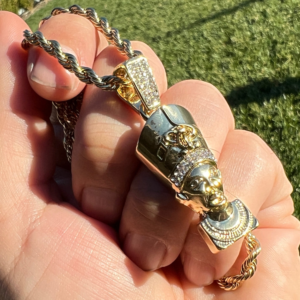 14K Gold Plated Egypt Queen Nefertiti Iced Bling Out Simulated CZ Rope Chain 24"