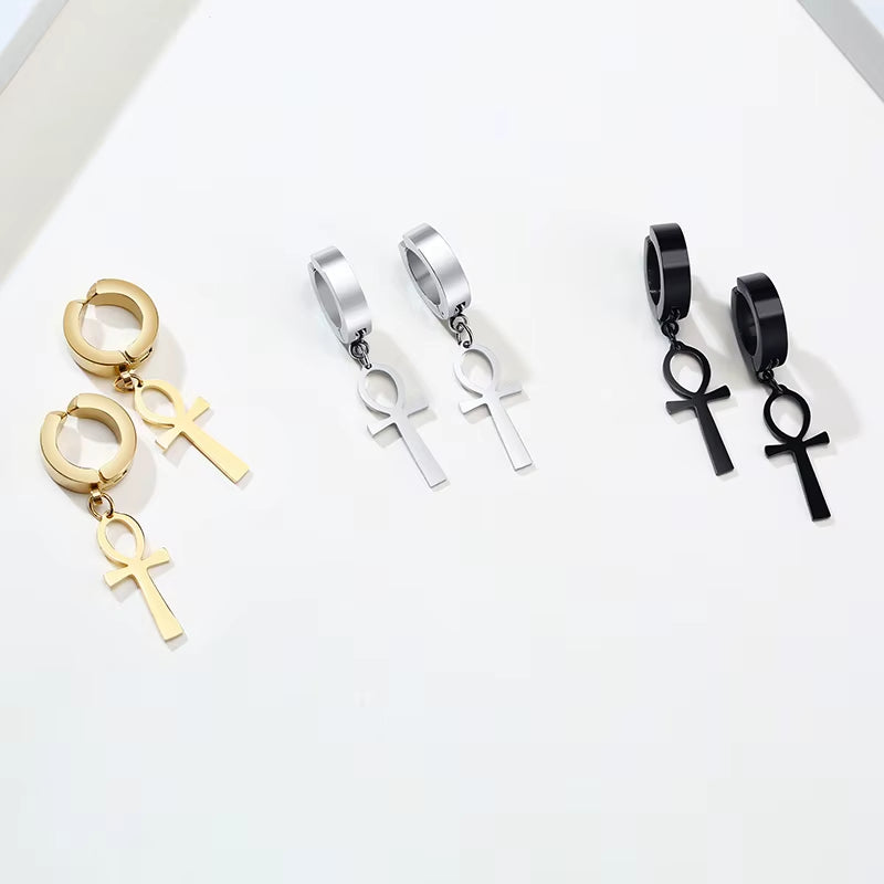 Gold Color Ankh Cross Earrings Men Stainless Steel Egyptian Cross Jewelry Women Egypt Hieroglyphs Crux Jewelry