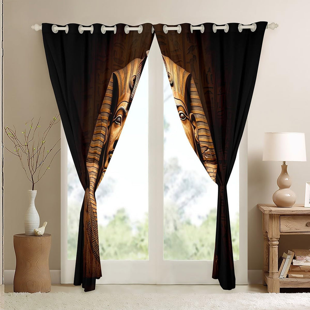 Egyptian Pharaoh Window Drapes, Ancient Egypt Tribe Exotic Retro Egyptian Pyramids Curtains, Decorative Bedroom Living Room Window Curtain Panels, 84W X90L, Brown Black Golden