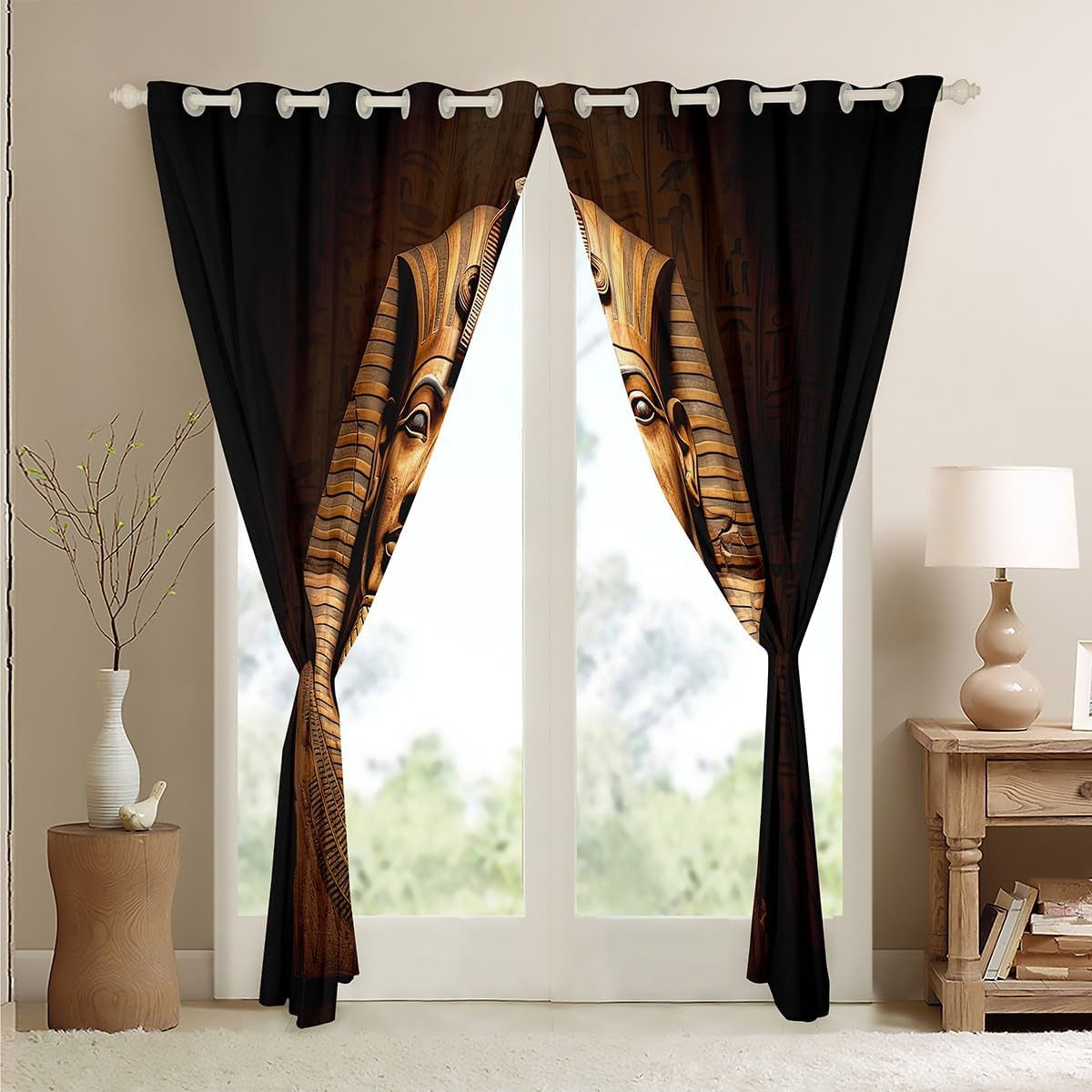 Egyptian Pharaoh Window Drapes, Ancient Egypt Tribe Exotic Retro Egyptian Pyramids Curtains, Decorative Bedroom Living Room Window Curtain Panels, 84W X90L, Brown Black Golden