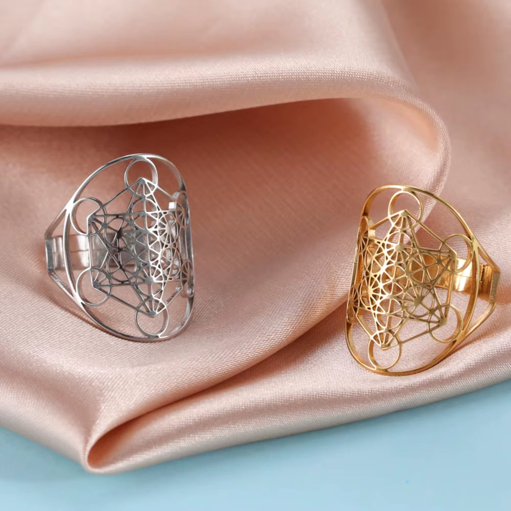 Angel Seal Archangel Metatron Cube Adjustable Ring Stainless Steel Sacred Geometry Rings Amulet Spiritual Jewelry Gifts