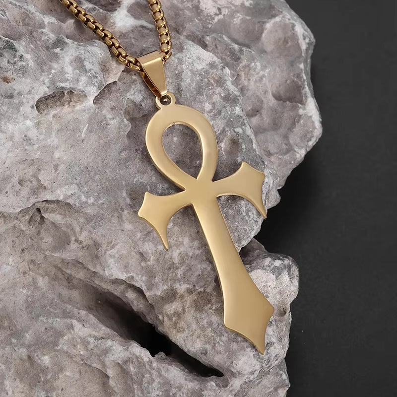 Stainless Steel Ancient Egyptian Ankh Cross Life Key Totem Necklace Men and Women Lucky Amulet Jewelry