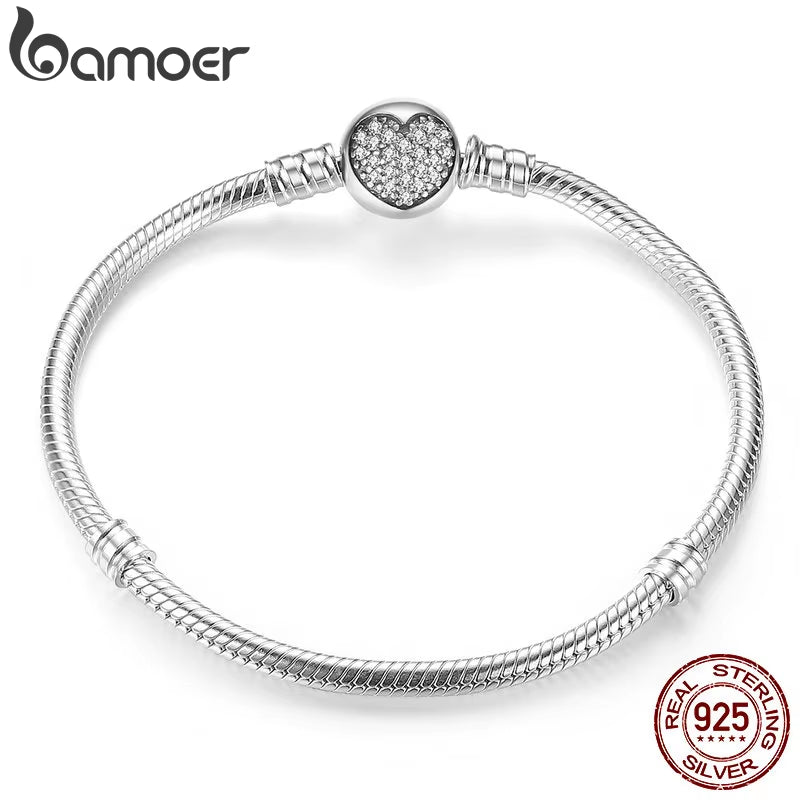 Authentic 100% 925 Sterling Silver Classic Snake Chain Bangle & Bracelet for Women Pave Setting CZ Fine Jewelry PAS916