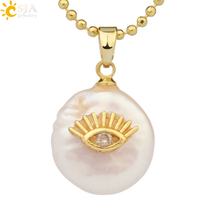 CSJA Coin Freshwater Pearl Pendants Small Size Evil Eye Hamsa Fatima Hand Zircon Gold Color Necklace Choker for Women Girls G205