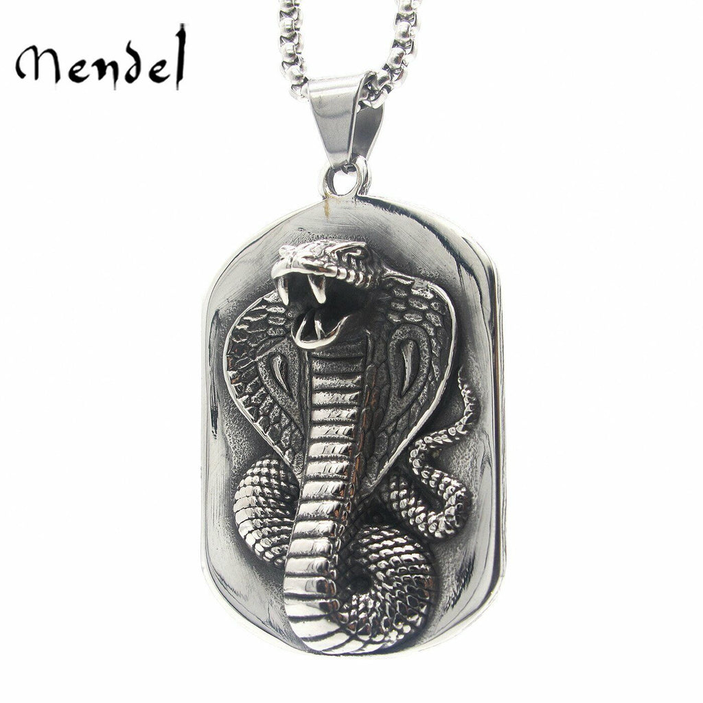 MENDEL Cool Mens Stainless Steel Dog Tag Cobra Kai Snake Pendant Necklace Men