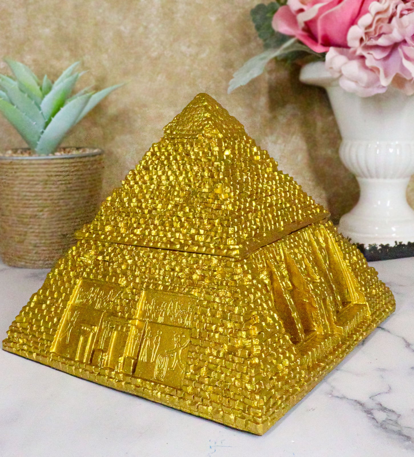 Ebros Golden Ancient Egyptian Gods Carved Pyramid Hinged Jewelry Box 7" Long
